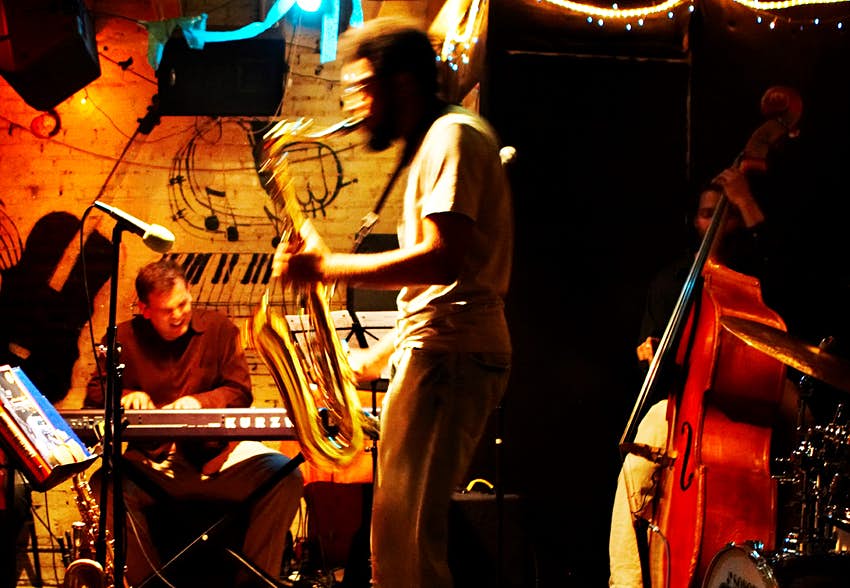A jazz band playing on stage at St Nick’s Jazz Pub, a former jazz club in New York.