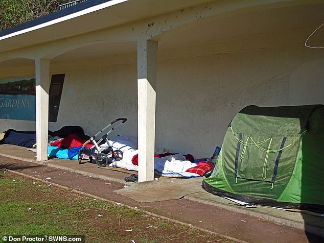 Tents lived in by genuine rough sleepers on the seafront of Torquay on the Devon coast