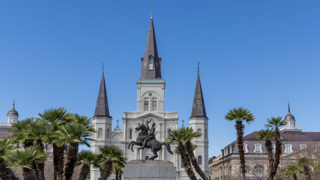 spires of St. Louis Cathedral stretch toward the sky in New Orleans' Jackson Square 