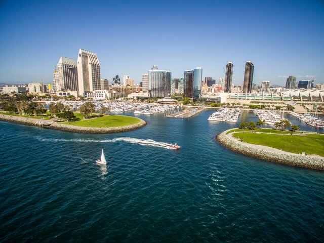Aerial view of boats and downtown San Diego